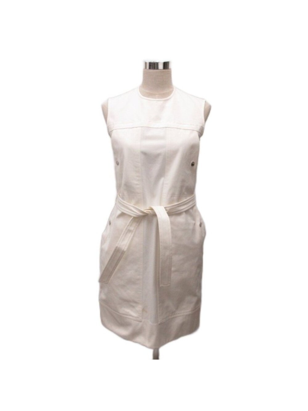 Hermes Sellier Buttons Sleeveless Dress Belt Cotton S White 36